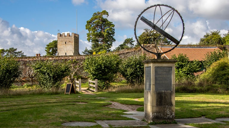 Archbishop's maze with central armillary sphere sundial at Greys Court,